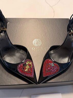 Versace Black Leather Pointed Slingback Pumps with Beaded Heart Motifs